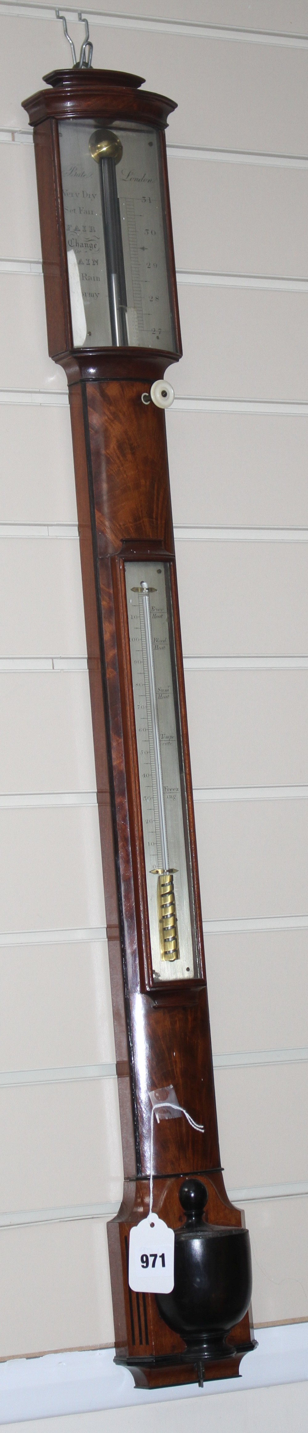 A Regency mahogany and ebonised bowfront stick barometer by Bate of London, with silvered scale and thermometer, 97cm